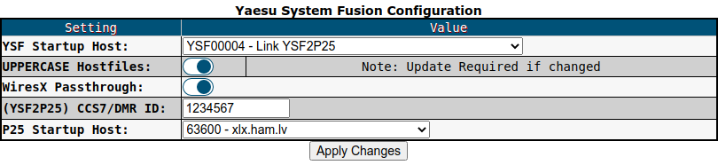 YSF2P25 configuration in Pi-Star